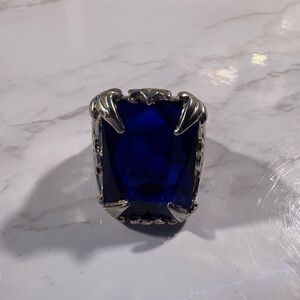 Black Butler Anime Bold Silver Ring with Deep Blue Stone